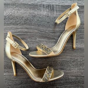 Nine West Metallic Monochrome Gold and Silver Rhinestone Strappy Heels | 9.5
